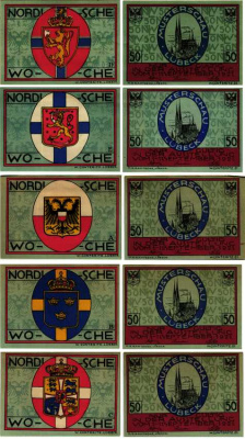 ЛЮБЕК НАБОР ИЗ 5 БАНКНОТ ПО 50 ПФЕННИГОВ 1921 НОТГЕЛЬД, 1 - 11 СЕНТЯБРЯ 1921, ПОЛНЫЙ КОМПЛЕКТ, ЗЕМЛЯ ШЛЕЗВИГ-ГОЛЬШТЕЙН Grabowski 827.1 бумага 6318-46-2-1