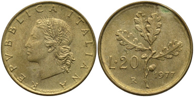 Италия 20 лир 1977 R, дубовая ветвь KM 97.2 алюминиевая бронза 4171-926