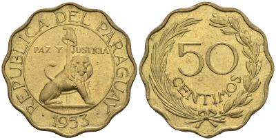 Парагвай 50 сентимо 1953 лев, фригийский колпак на шесте KM 28 алюминиевая бронза  aUNC  4176-814