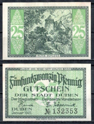 Дюбен (Пруссия, Саксония) 25 пфеннигов 1921 Mehl Grabowski 293.1-2/2 бумага UNC (пресс) 7555-59-4-2
