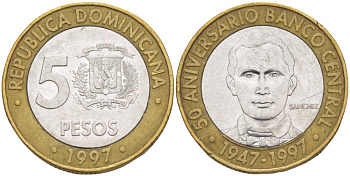 Доминиканская республика 5 песо 1997 50 лет центральному банку KM 88 биметалл 4541-1053