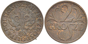 ПОЛЬША 2 ГРОША 1927 w KM 9а бронза 3955-663