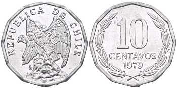 Чили 10 сентаво 1979 KM 205a алюминий 4402-452