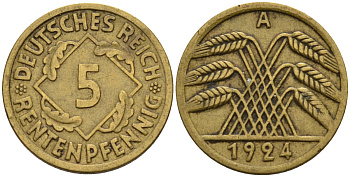 Германия 5 рентенпфеннигов 1924 A KM 32, J. 308 алюминиевая бронза 4151-652