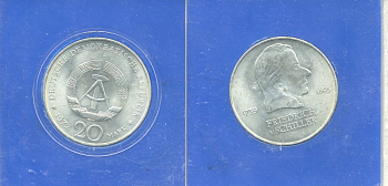 ГДР 20 марок 1972 А, Фридрих Шиллер (1759-1805) KM 40 медно-никель UNC 1-4-4-25