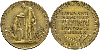 Германия медаль 1923 гиперинфляция, цены на продукты 1 ого декабря в Саксонии, 32 мм. бронза 4179-131