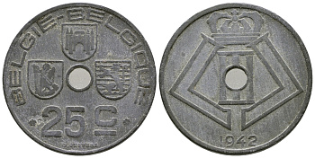 БЕЛЬГИЯ 25 САНТИМОВ 1942 BELGIE-BELGIQUE, ГЕРМАНСКАЯ ОККУПАЦИЯ, ВТОРАЯ МИРОВАЯ ВОЙНА KM 132 цинк 177-1026