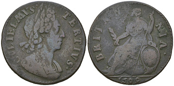 Англия 1/2 пенни 1699 Вильгельм III (1694-1702) KM 503, Spink 3556 медь 4590-632