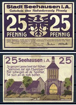 Зехаузен в Альтмарке (Пруссия, Саксония) 25 пфеннигов 1921 DeNG 1/2 1215.1-2/3 бумага UNC (пресс) 7556-23-2-1