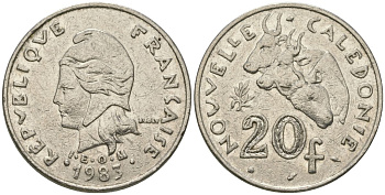 Французская Новая Каледония 20 франков 1983 три быка, (IEOM) KM 12, Schoen 14, Lec 111 никель 71-1433