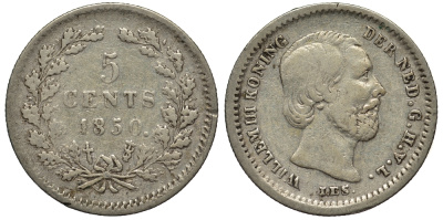 Нидерланды 5 центов 1850 Виллем III (1849-1890), точка после даты KM 91 серебро 443-531