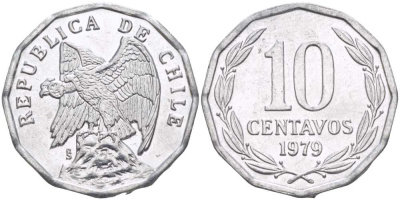 Чили 10 сентаво 1979 KM 205a алюминий 4402-452