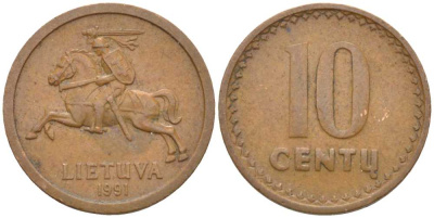 ЛИТВА 10 ЦЕНТОВ 1991 KM 88 бронза 116-135