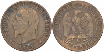 ФРАНЦИЯ 5 САНТИМОВ 1861 A, НАПОЛЕОН III (1852-1870) KM 797.1, LE FRANC 117.2 бронза 108-452