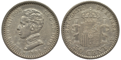 ИСПАНИЯ 50 СЕНТИМО 1904 P.C.V., АЛЬФОНСО XIII KM 723 серебро 413-4343