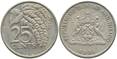 Тринидад и Тобаго 25 центов 1981 цветок дикая пуансеттия KM 32 медно-никель 4396-763