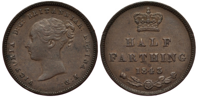 Великобритания 1/2 фартинга 1843 Виктория (1837-1901) KM 738, Spink 3951 медь 633-1431