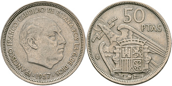 Испания 50 песет 1957 (59) Франсиско Франко (1939-1975) KM 788 медно-никель 08-712