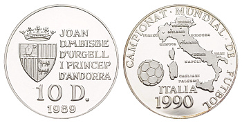 Андорра 10 динеров 1989 Чемпионат мира по футболу 1990, карта Италии KM 60 серебро PROOF 11-056-23