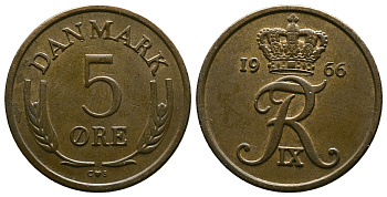 ДАНИЯ 5 ЭРЕ 1966 C; S, ФРЕДЕРИК IX (1947-1972) KM 848.1 бронза 4383-1051