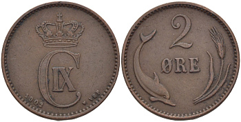 ДАНИЯ 2 ЭРЕ 1902 VBP, КРИСТИАН IX KM 793.2 бронза 28-336