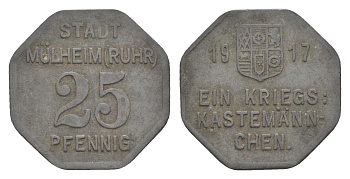 Мюльхайм-на-Руре 25 пфеннигов 1917 Funck 344.1, Men05 17152.1, Men18 21517.1 цинк 4643-912