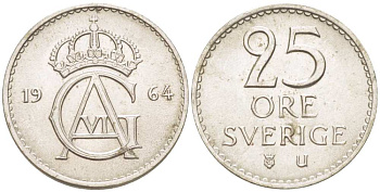Швеция 25 эре 1964 U, Густав VI Адольф (1950-1973) KM 836 медно-никель 4516-461