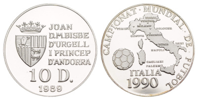 Андорра 10 динеров 1989 Чемпионат мира по футболу 1990, карта Италии KM 60 серебро PROOF 11-056-23