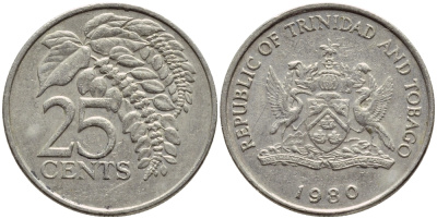 Тринидад и Тобаго 25 центов 1980 цветок дикая пуансеттия KM 32 медно-никель 4396-755