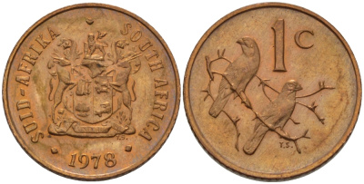 ЮАР 1 ЦЕНТ 1978 ГЕРБ, КАПСКИЕ ВОРОБЬИ KM 82 бронза UNC 66-258