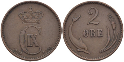 ДАНИЯ 2 ЭРЕ 1902 VBP, КРИСТИАН IX KM 793.2 бронза 28-336