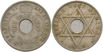 Британская Западная Африка 1/2 пенни 1947 H, Георг VI KM 18 медно-никель 25-1236