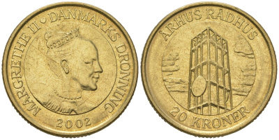 Дания 20 крон 2002 серия башни и ратуши, городская ратуша Орхуса KM 889 алюминиевая бронза UNC 34-711