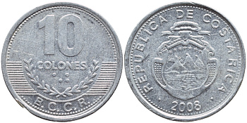 КОСТА-РИКА 10 КОЛОН 2008 B.C.C.R. KM 228b алюминий 51-2356