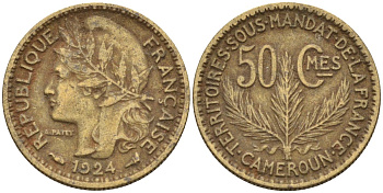 Французский Камерун 50 сантимов 1924 (а), монетный двор Париж KM 1 алюминиевая бронза 4164-1143