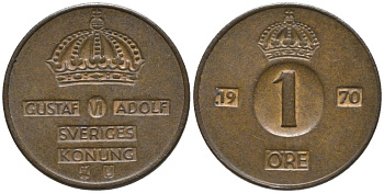 Швеция 1 эре 1970 U, Густав VI Адольф (1950-1973) KM 820 бронза 4387-147