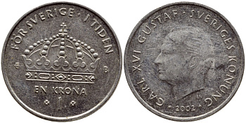 Швеция 1 крона 2002 Карл XVI Густав (1973- ) KM 894 медно-никель 4364-1213