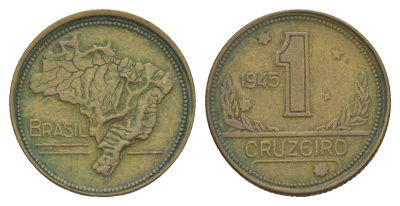 Бразилия 1 крузейро 1945 KM 558 алюминиевая бронза 4656-1247