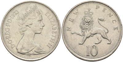 Великобритания 10 пенсов 1973 Елизавета II (1952-2022) KM 912, Spink 4231 (F1) медно-никель 81-1225