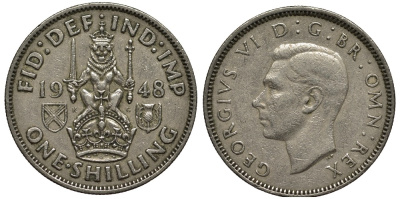 Великобритания 1 шиллинг 1948 Георг VI (1936-1952), Шотландский герб KM 864, Spink 4104 медно-никель 186-851