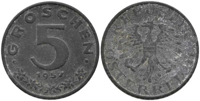 АВСТРИЯ 5 ГРОШЕЙ 1957 KM 2875 цинк 112-669