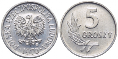 Польша 5 грошей 1970 MW  KM A46, Parchimowicz 204j алюминий UNC 112-366
