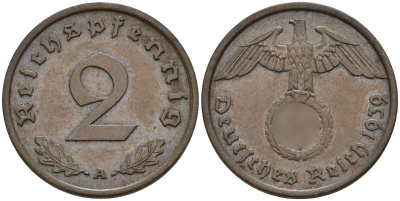 Германия 2 рейхспфеннига 1939 A KM 90, J. 362 бронза 4151-126