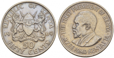 Кения 50 центов 1969 Джомо Кениата KM 13 медно-никель 4548-533