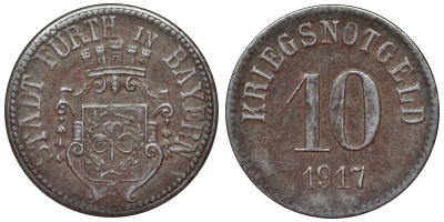 Германия, Фюрт 10 пфеннигов 1917 Бавария, нотгельд Funck 145.3 железо 4119-1022