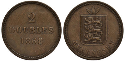 Гернси 2 дабла (дубля) 1868 KM 9 бронза 1524-1143