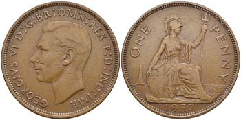 Великобритания 1 пенни 1937 Георг VI (1936-1952) КМ 845, Spink 4114 бронза 115-331