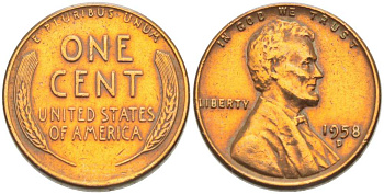 США 1 ЦЕНТ 1958 D, ЛИНКОЛЬН KM А132 медь цинк 218-1048