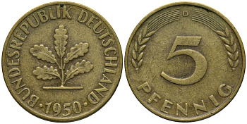 ФРГ 5 пфеннигов 1950 D KM 107 сталь плакированная латунью 4171-416