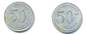 ФРАНЦИЯ 50 САНТИМОВ НАЧАЛО XX ВЕКА d 24 мм, вес около 1,0 гр., платежный жетон алюминий 89-942